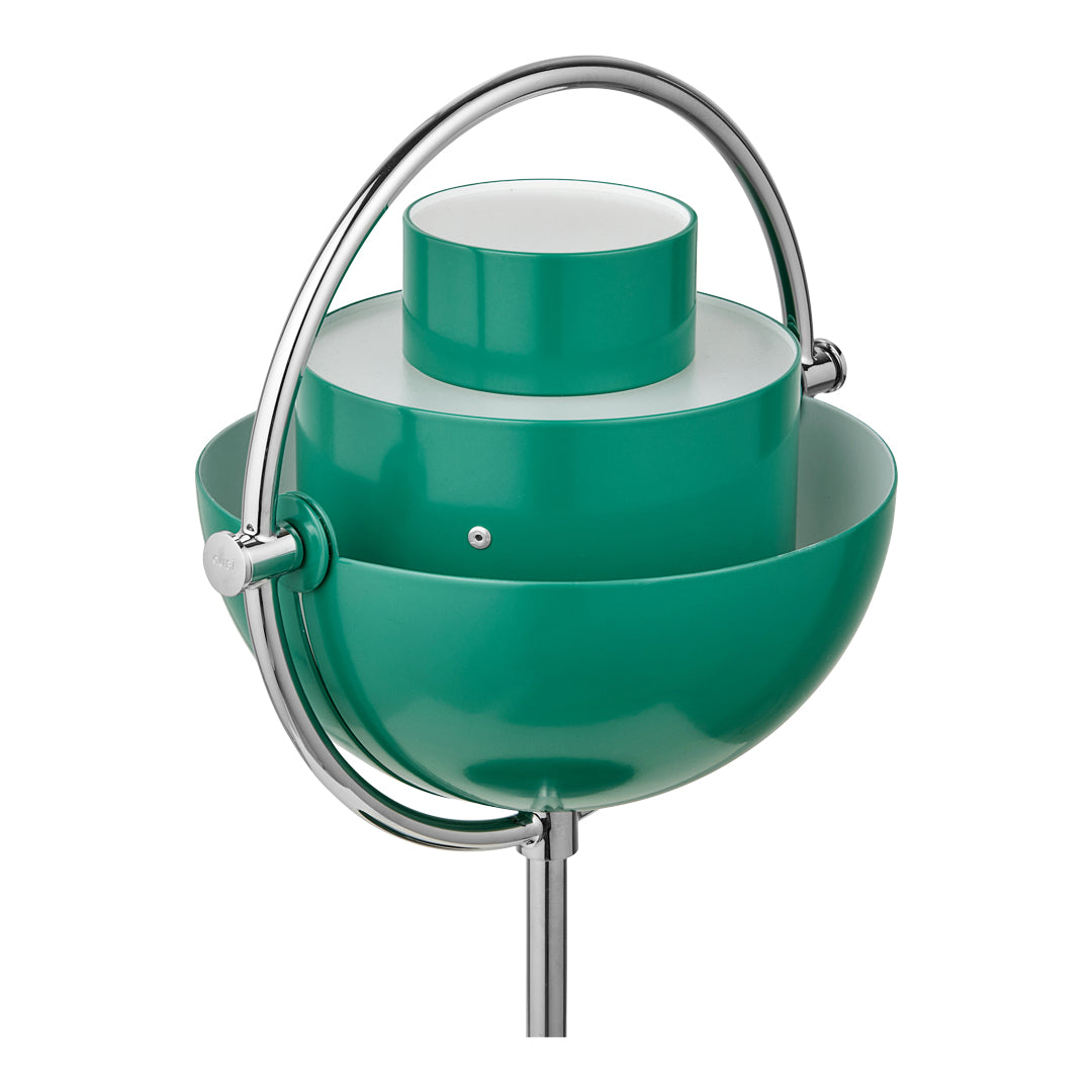 Modern teal lamp with glossy finish and sleek chrome accents, featuring a tiered design and round shades.