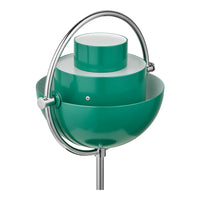 Modern teal lamp with glossy finish and sleek chrome accents, featuring a tiered design and round shades.
