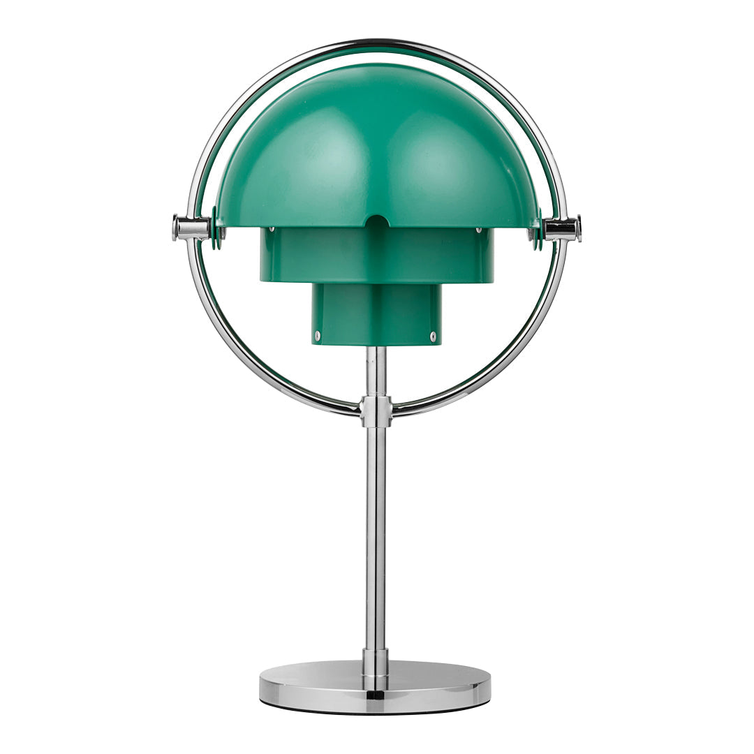 Modern chrome table lamp with a glossy teal dome design and circular base. Perfect for contemporary decor.