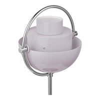 Modern lamp featuring a smooth lavender finish with a sleek chrome ring and minimalist design.