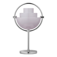 Modern lamp with a chrome base and layered white and light purple shades, featuring a sleek circular design.