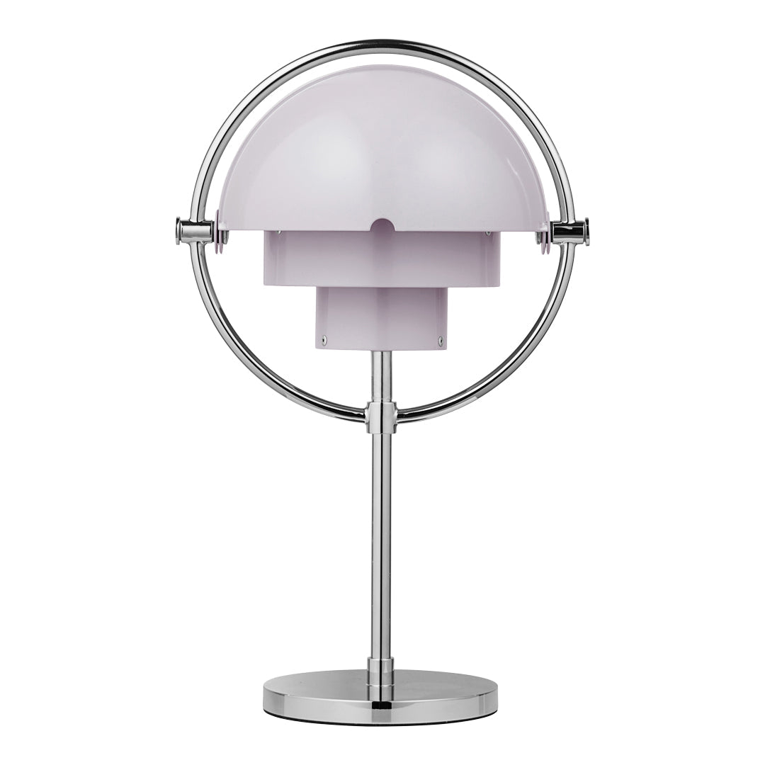 Sleek silver table lamp with a frosted lavender dome shade and minimalist circular base design.