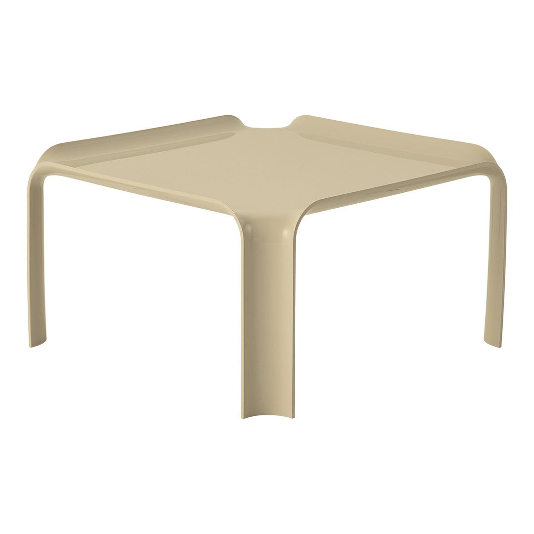 Beige square table with smooth, minimalist design and rounded corners, perfect for modern decor.