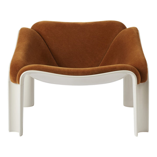 Brown velvet armchair with a sleek white frame, blending modern and cozy design elements. Ideal for stylish interiors.