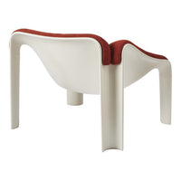 Modern chair in sleek white with a rich red upholstered seat, featuring smooth, curved lines and minimalist design.