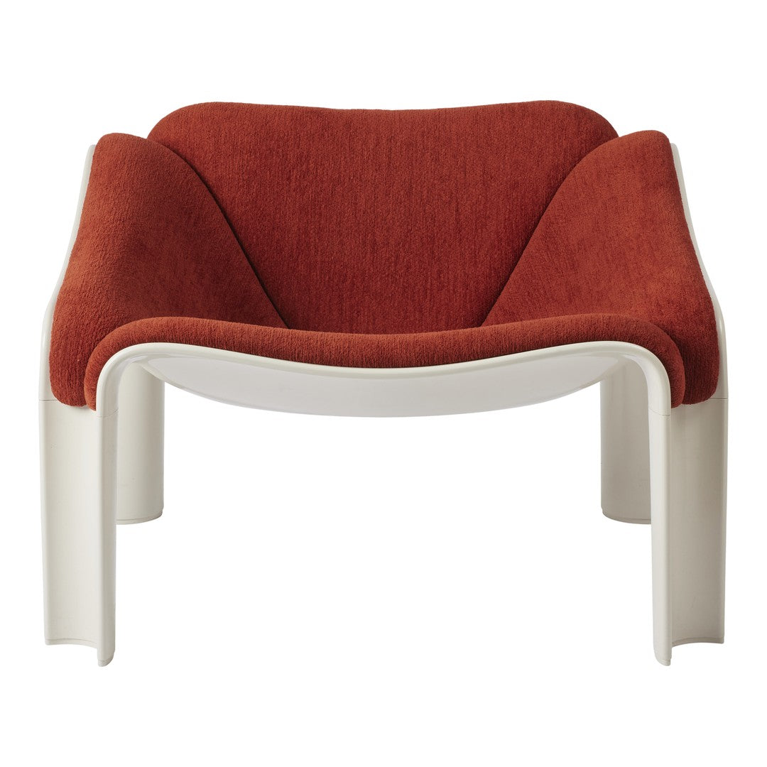 Stylish armchair with a rich rust-colored fabric and a sleek white frame, featuring smooth, modern lines.