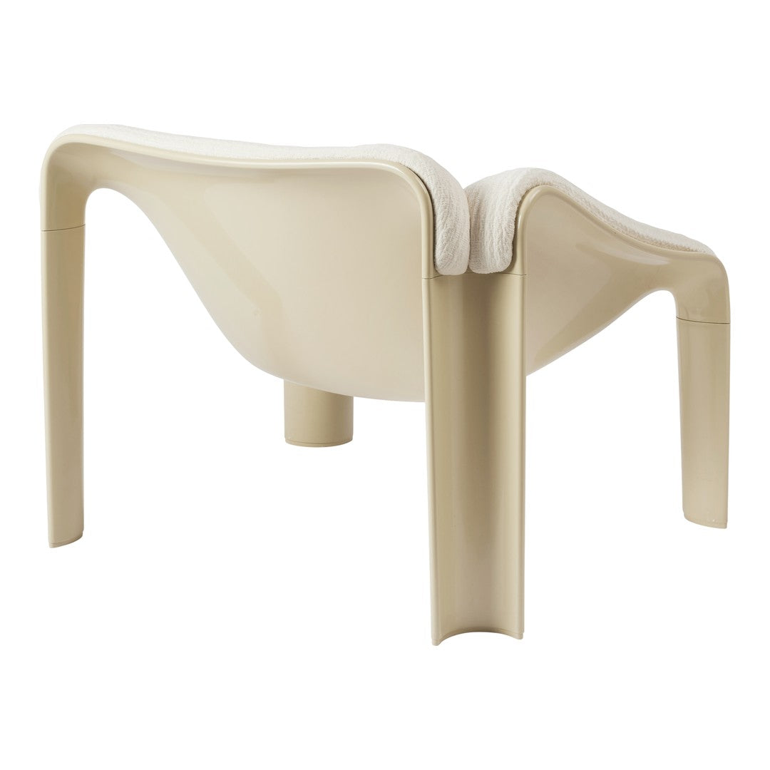Beige curved chair with smooth, modern lines and no visible patterns, ideal for contemporary decor.