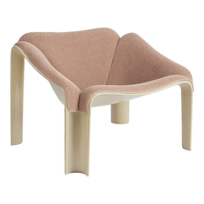 Stylish chair in soft pink upholstery with a smooth cream base, featuring a modern, minimalist design.