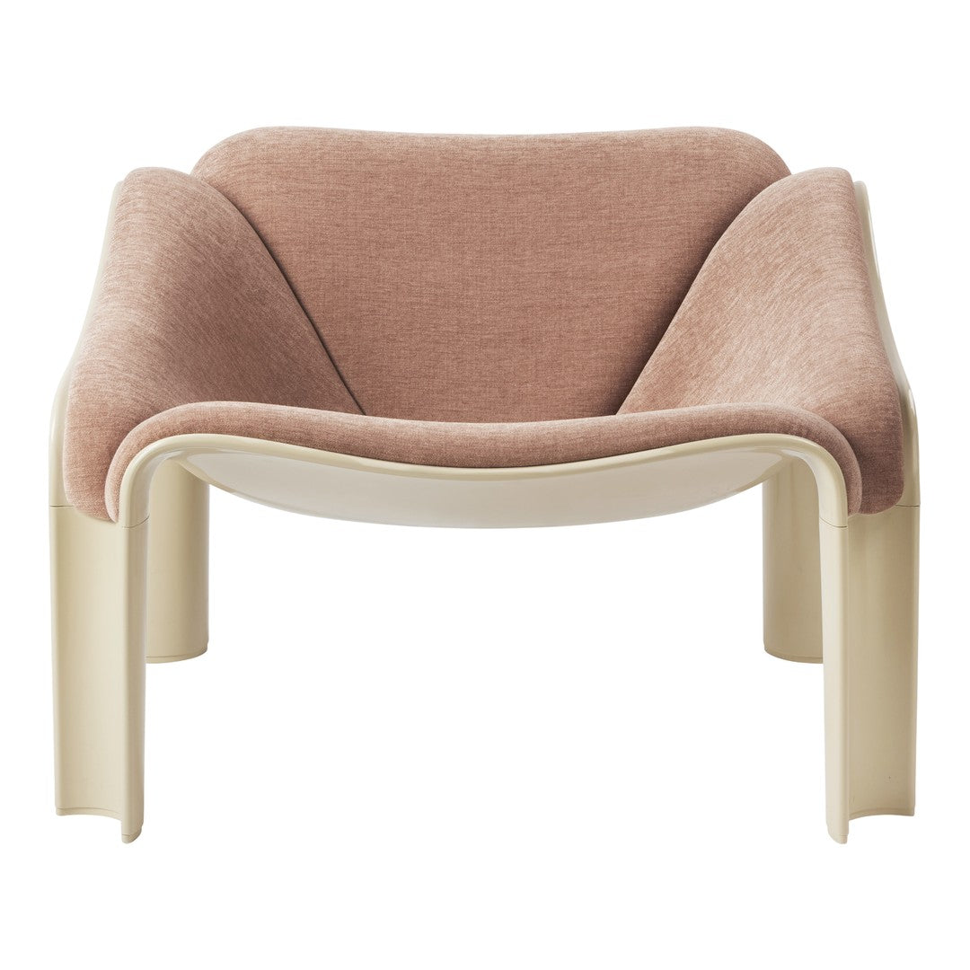 Soft pink upholstered chair with a smooth cream base, featuring a minimalist design and elegant curves.