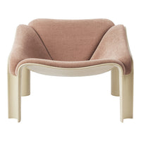 Soft pink upholstered chair with a smooth cream base, featuring a minimalist design and elegant curves.