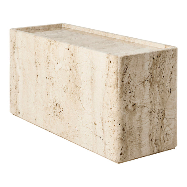 Light cream-colored stone bench with natural veining and a smooth, rectangular shape, perfect for modern decor.
