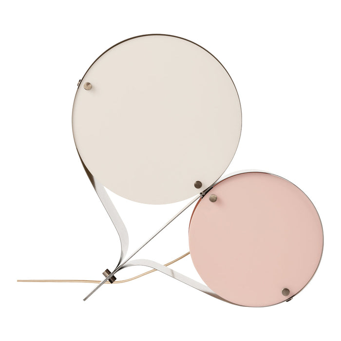 "Two round lamps in soft cream and blush pink, featuring sleek metallic accents and minimalist design."