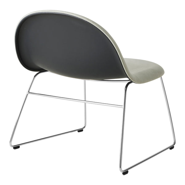 Modern chair featuring a sleek gray seat, black backrest, and a stylish chrome frame. Perfect for contemporary decor.