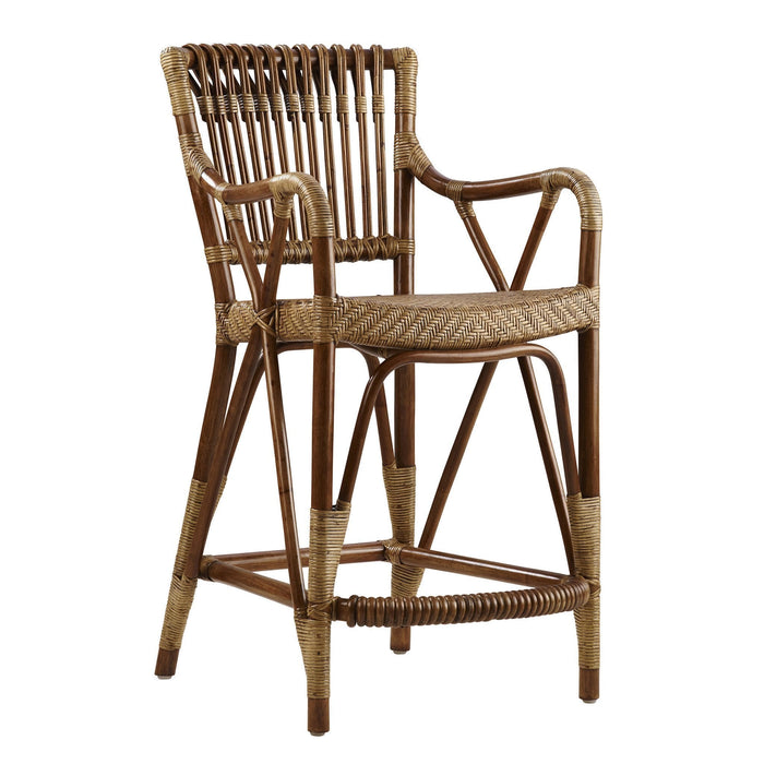 Rattan bar stool featuring natural brown tones and a woven pattern for a stylish, rustic look.