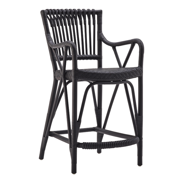 Black woven bar stool with sleek, minimalist design and vertical ribbed pattern for a modern touch.