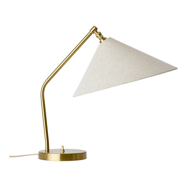 Gold metal desk lamp with a white fabric cone shade, perfect for modern and elegant decor.