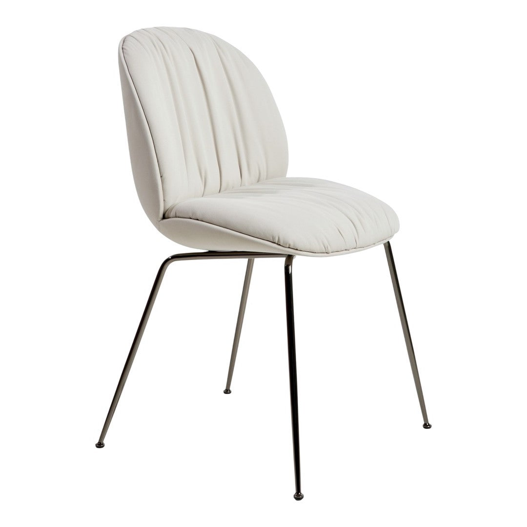 White upholstered chair with subtle vertical tufting and sleek metal legs, perfect for modern decor.