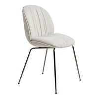 White upholstered chair with subtle vertical tufting and sleek metal legs, perfect for modern decor.
