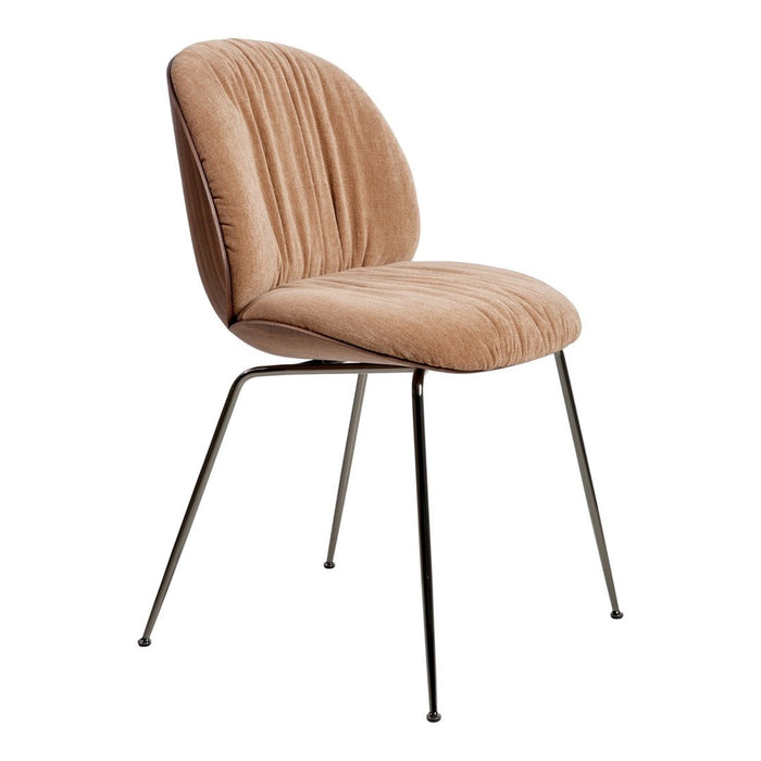 Soft beige upholstered chair with vertical ribbed patterns and sleek black metal legs. Perfect for modern decor.