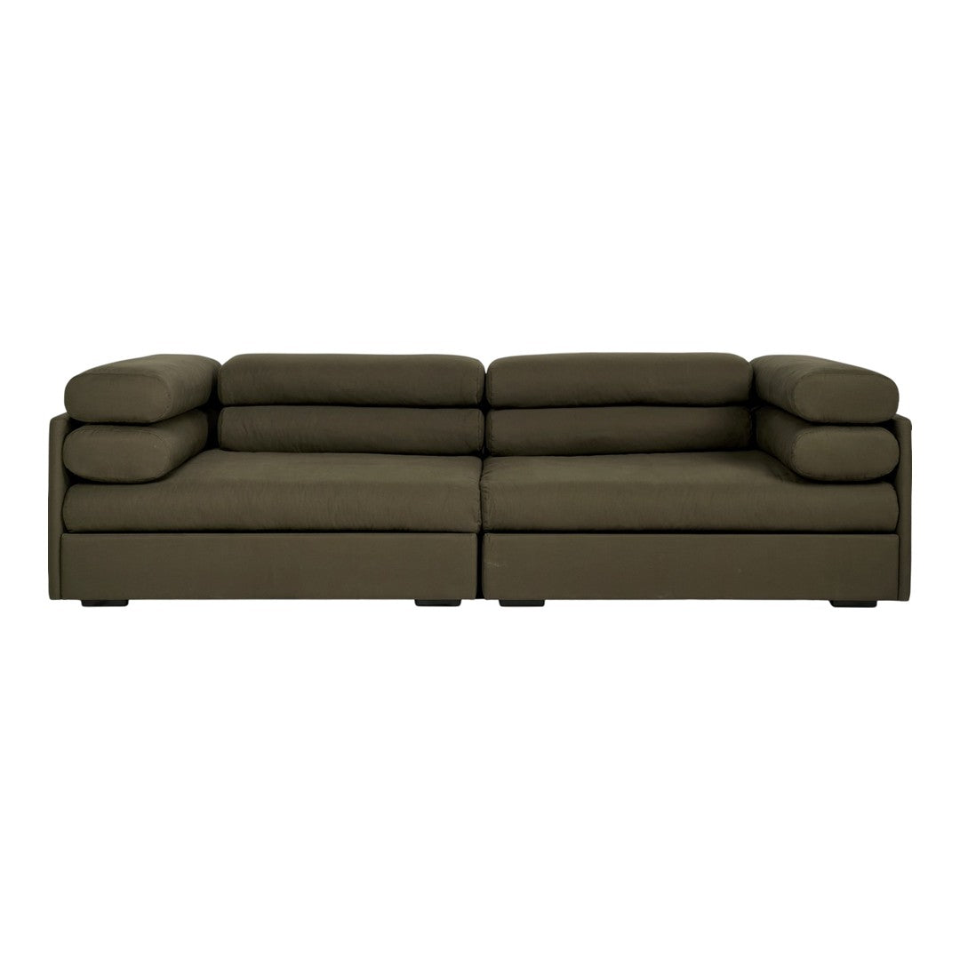 Olive green upholstery sofa with a contemporary, smooth design and plush cushions for a modern living space.