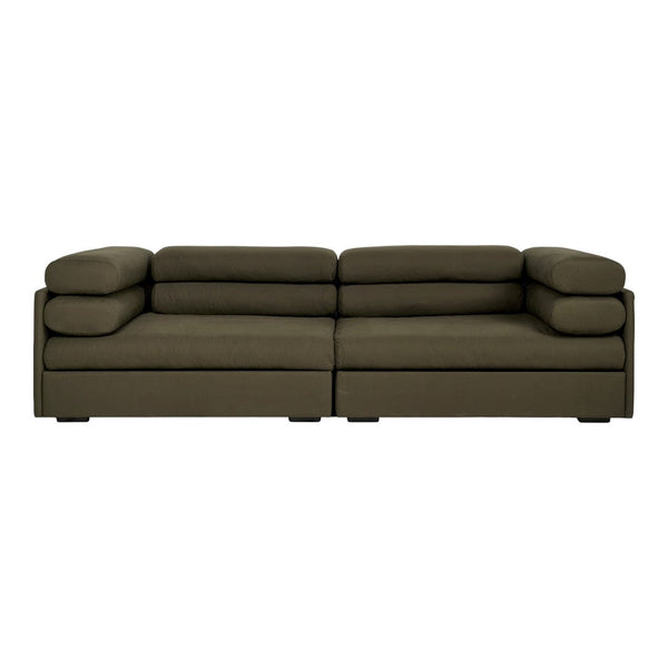 Olive green upholstery sofa with a contemporary, smooth design and plush cushions for a modern living space.