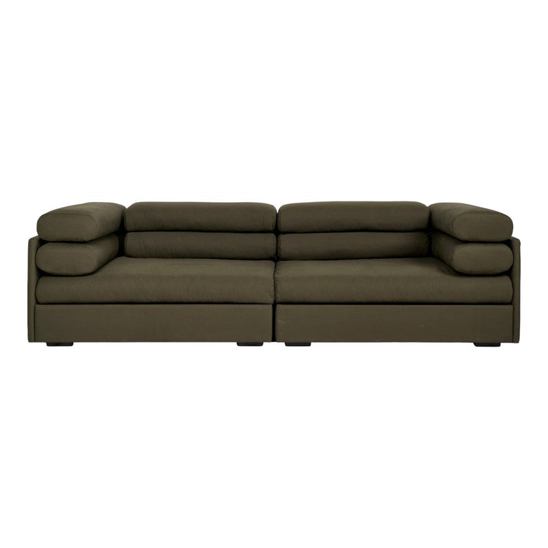 Olive green upholstery sofa with a contemporary, smooth design and plush cushions for a modern living space.