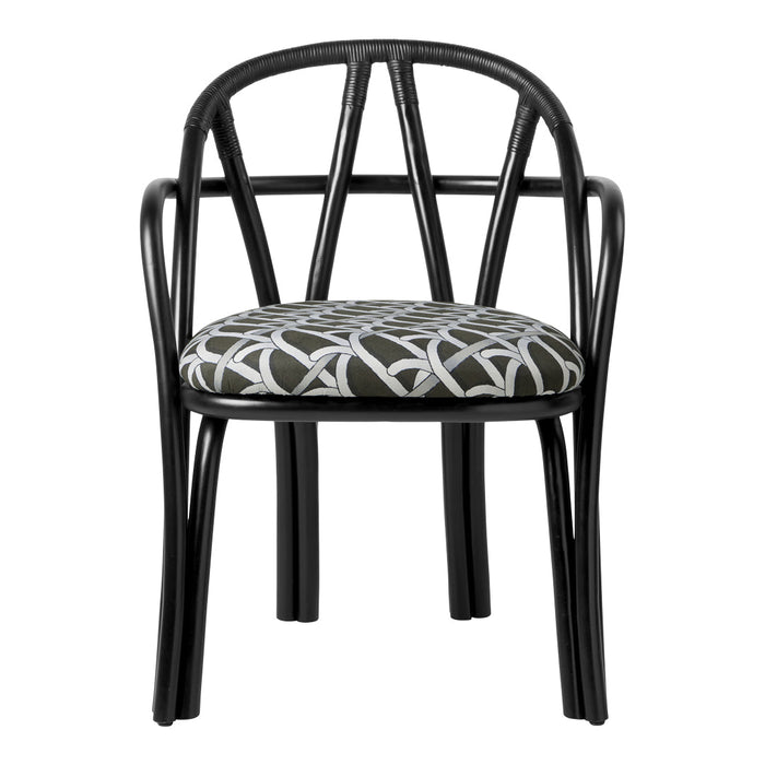 Black chair with a gray and white geometric patterned cushion on a round seat. Sleek and modern design.