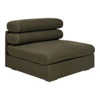 "Olive green lounge chair with smooth fabric and minimalist design, featuring two rounded cushions."