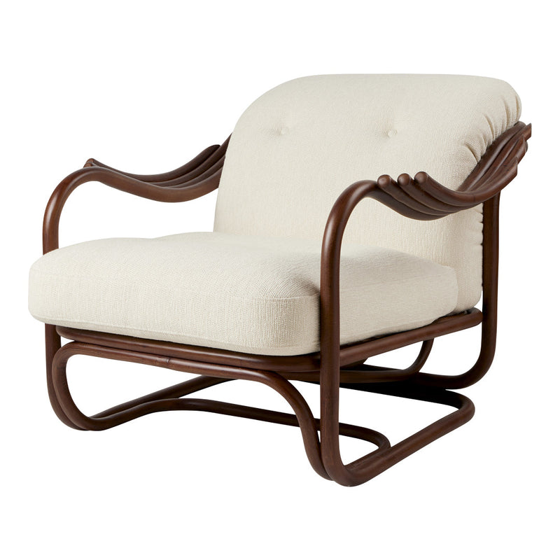Cream upholstered chair with elegant curved brown wood frame, featuring a subtle textured pattern.