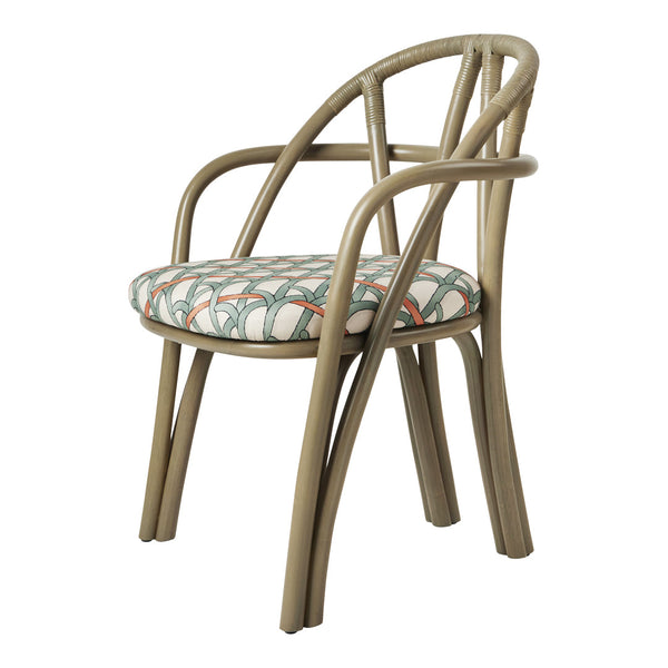 Stylish chair with a soft green and white patterned cushion and a beige frame, adding a chic touch to any space.