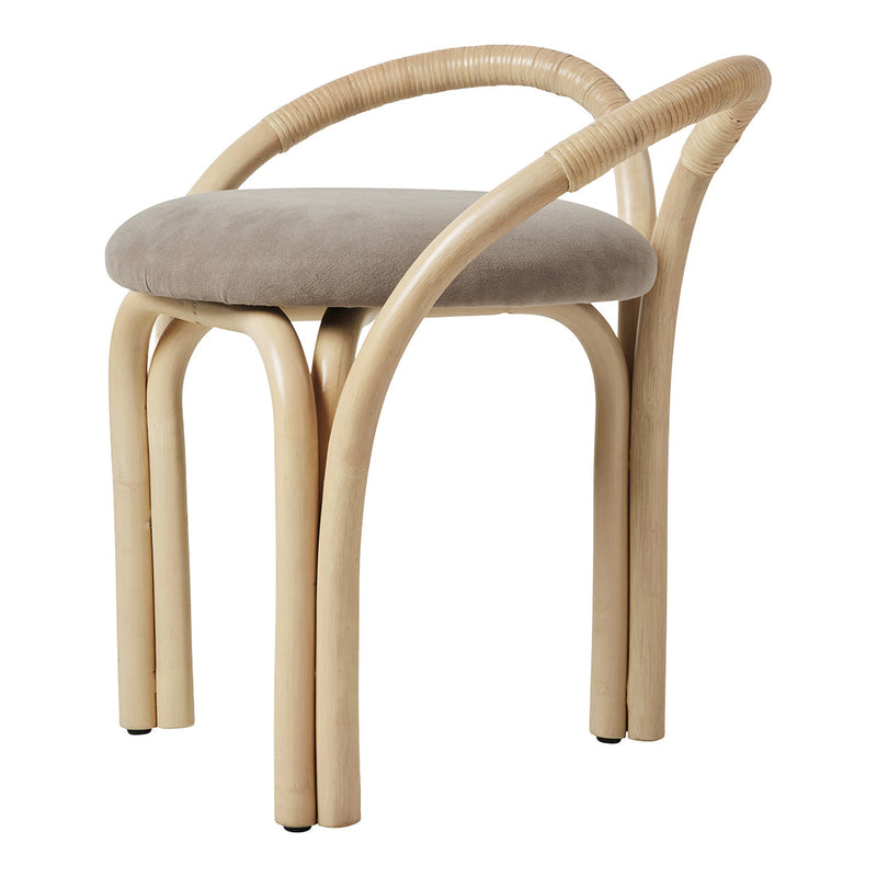 Light beige chair with a suede cushion, featuring natural wood curved legs and a woven rattan backrest.