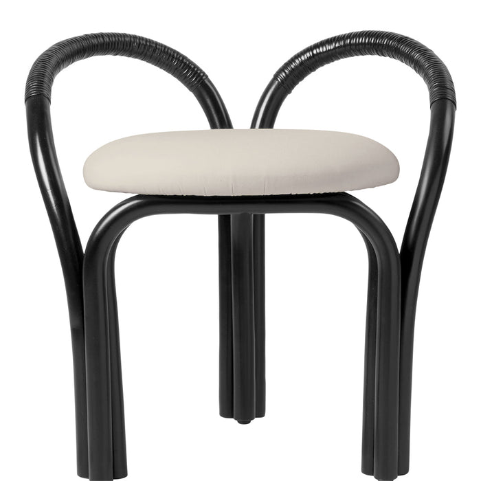 Black and beige modern chair with curved arms and a sleek design, perfect for contemporary decor.