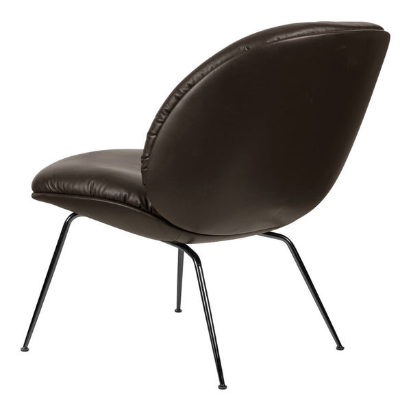 Brown leather chair with sleek black metal legs, featuring a smooth, rounded design. Perfect for modern interiors.