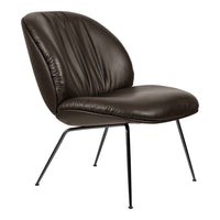 Brown leather accent chair with a sleek black metal frame and subtle ribbed pattern for added texture.