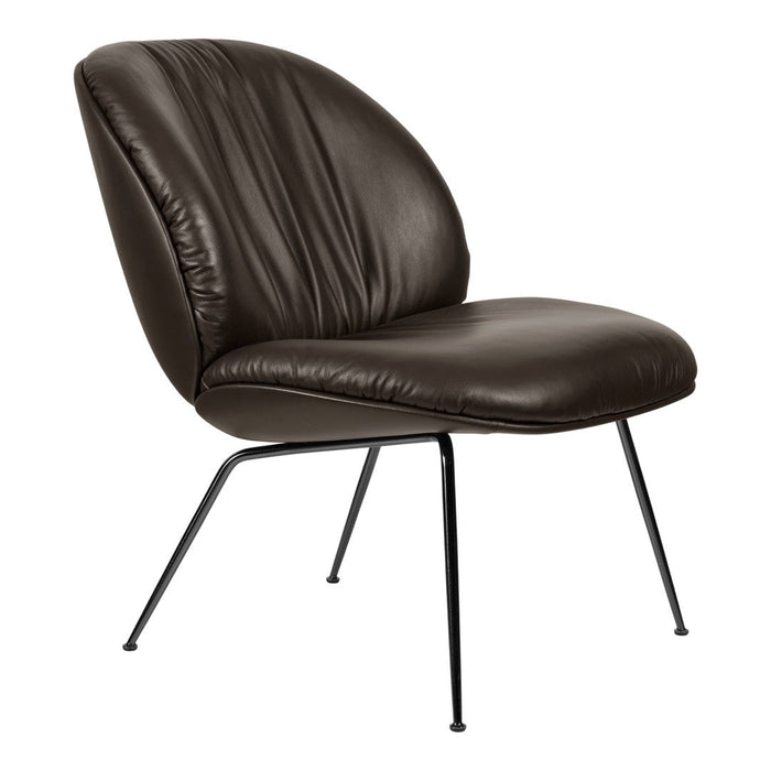 Brown leather accent chair with a sleek black metal frame and subtle ribbed pattern for added texture.
