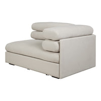 Cream-colored sectional sofa with a smooth, solid upholstery design and plush, stacked cushions for modern elegance.