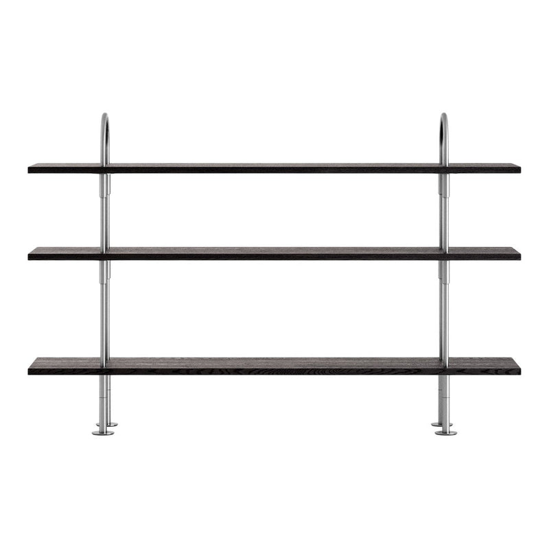 Black wooden shelves with chrome accents, featuring a sleek, modern design and clean lines. Perfect for any decor.
