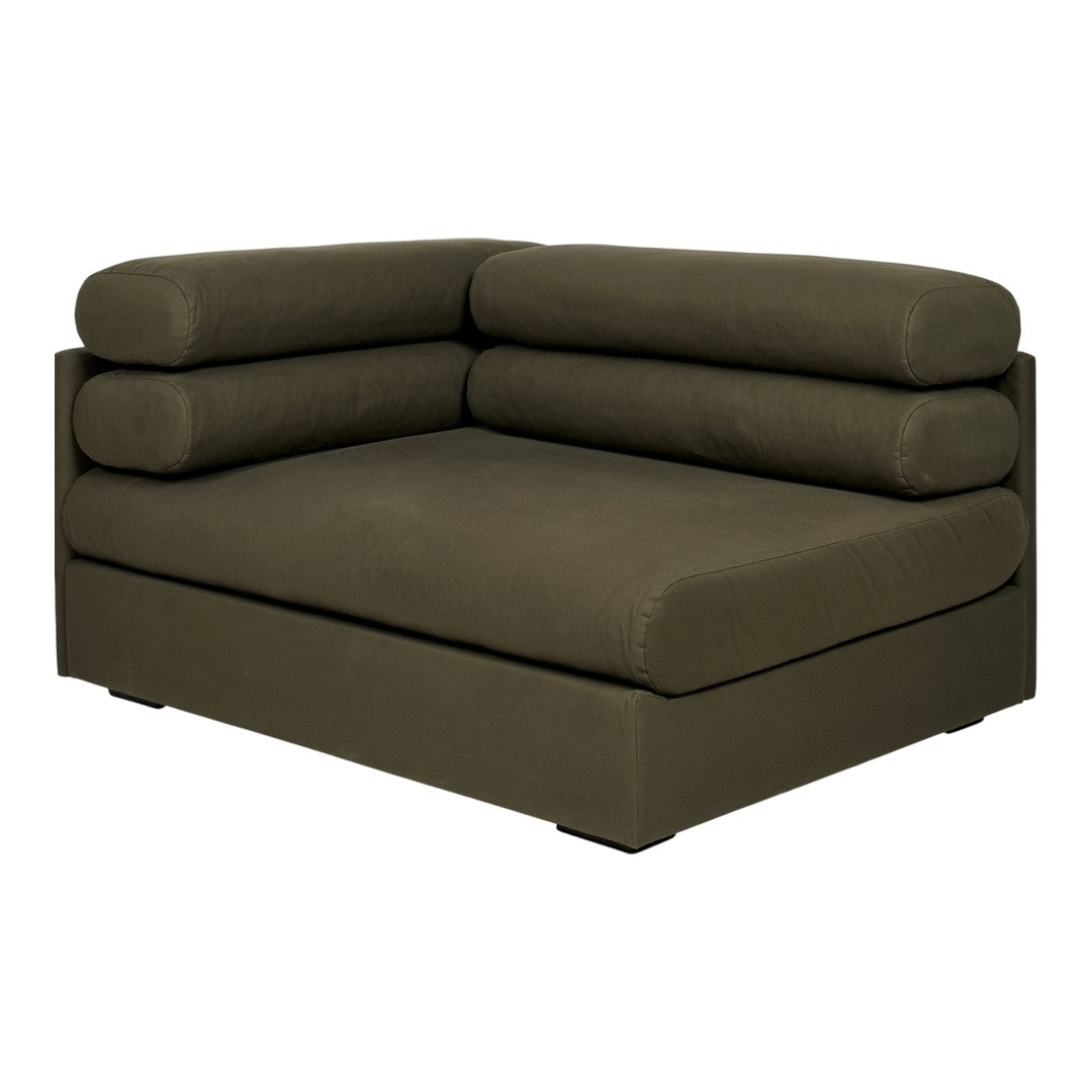 Dark olive green sectional sofa with smooth upholstery and plush cylindrical cushions. Modern, minimalist design.