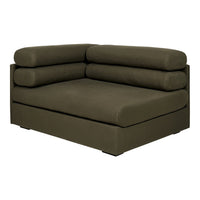 Dark olive green sectional sofa with smooth upholstery and plush cylindrical cushions. Modern, minimalist design.