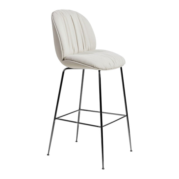 Cream-colored bar stool with vertical quilted pattern and sleek chrome legs. Perfect for modern interiors.