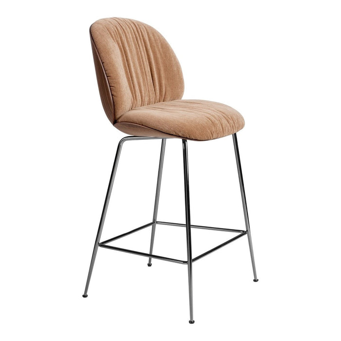 Brown velvet bar stool with vertical ribbed pattern and sleek chrome legs, blending modern and stylish design.
