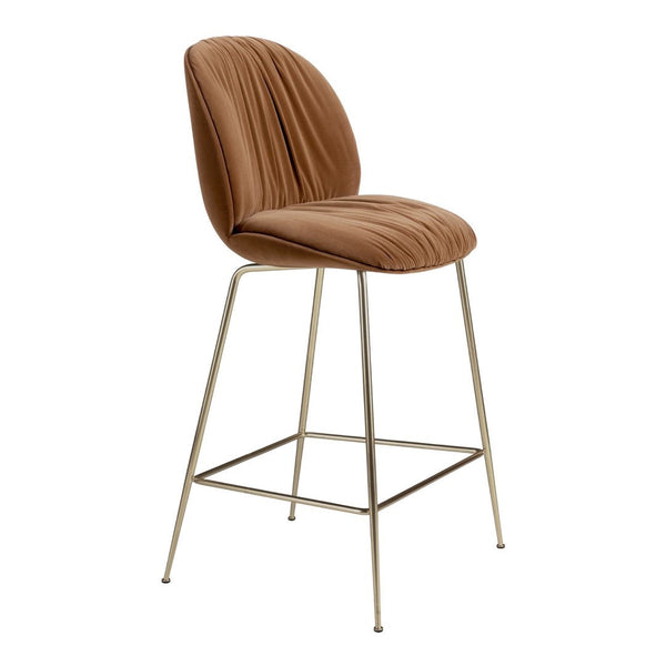 Brown upholstered bar stool with pleated texture and sleek gold metal legs. Ideal for modern decor.