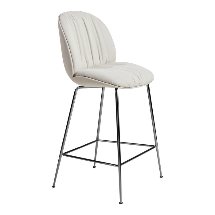 "Stylish cream upholstered bar stool with vertical tufted pattern and sleek chrome legs."