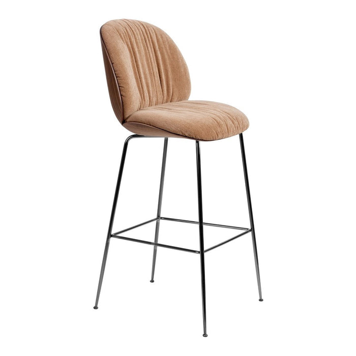 Beige upholstered bar stool with vertical ribbed pattern and sleek black metal legs.