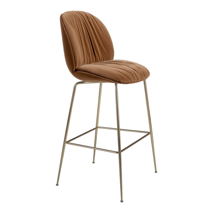 "Modern brown velvet bar stool with ribbed design and sleek gold metal legs."