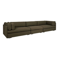 Modern sectional sofa in deep olive green fabric, featuring clean lines and plush cushions. Perfect for any living space.