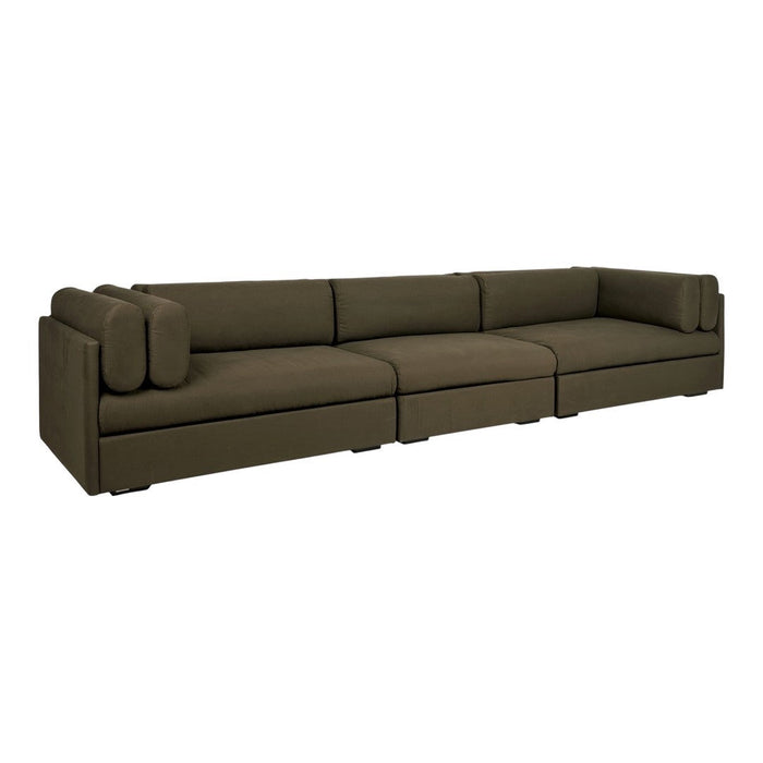 Modern sectional sofa in deep olive green fabric, featuring clean lines and plush cushions. Perfect for any living space.