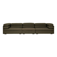 Olive green sectional sofa with a modern design and plush, smooth fabric upholstery.