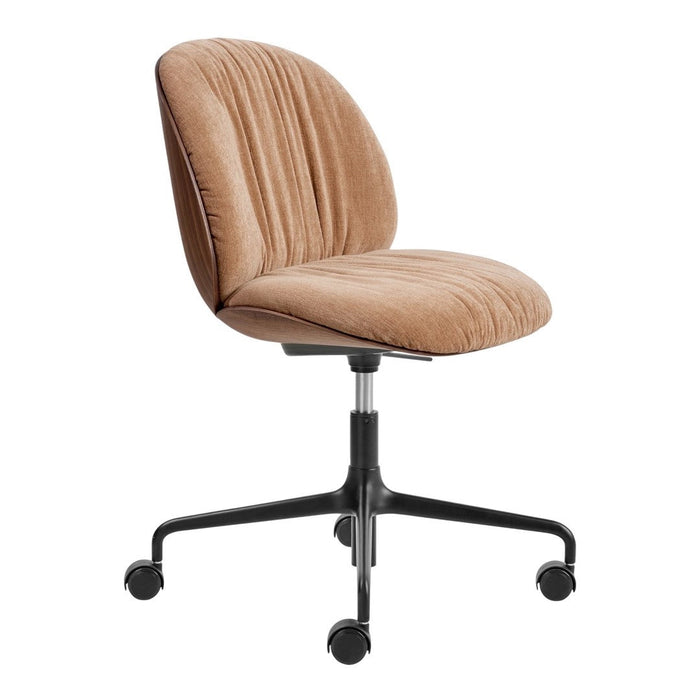 Brown velvet office chair with ribbed texture and a sleek black base. Perfect for modern workspaces.