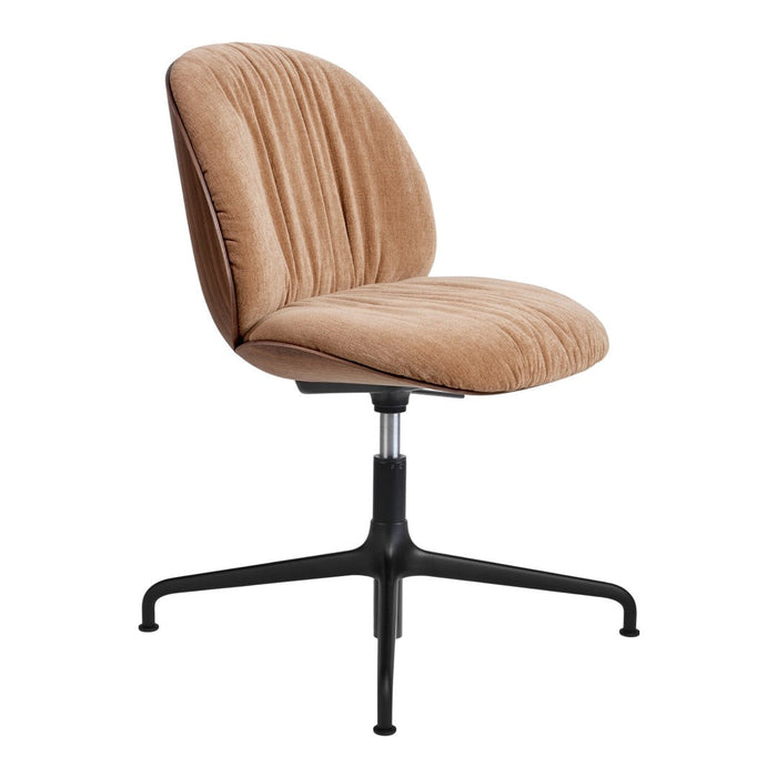 "Modern brown upholstered chair with vertical ribbed pattern and sleek black metal base."